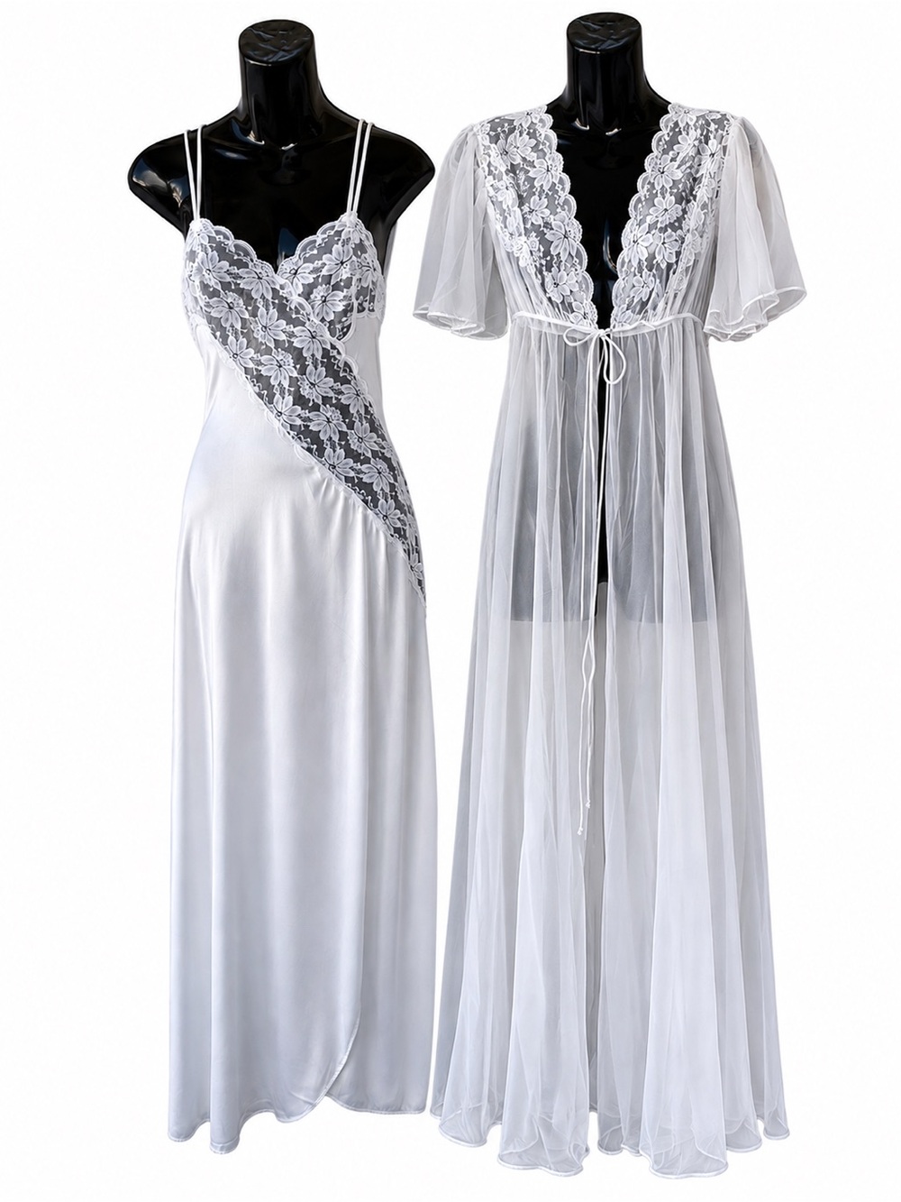 Vintage XS Val Mode Sheer Chiffon Satin Lace Nightgown Robe Set Bridal Peignoir